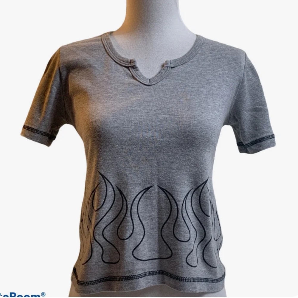 Bikers Image Tee Ride Free Women Large Gray Crop T Shirt Flames Short Sleeve